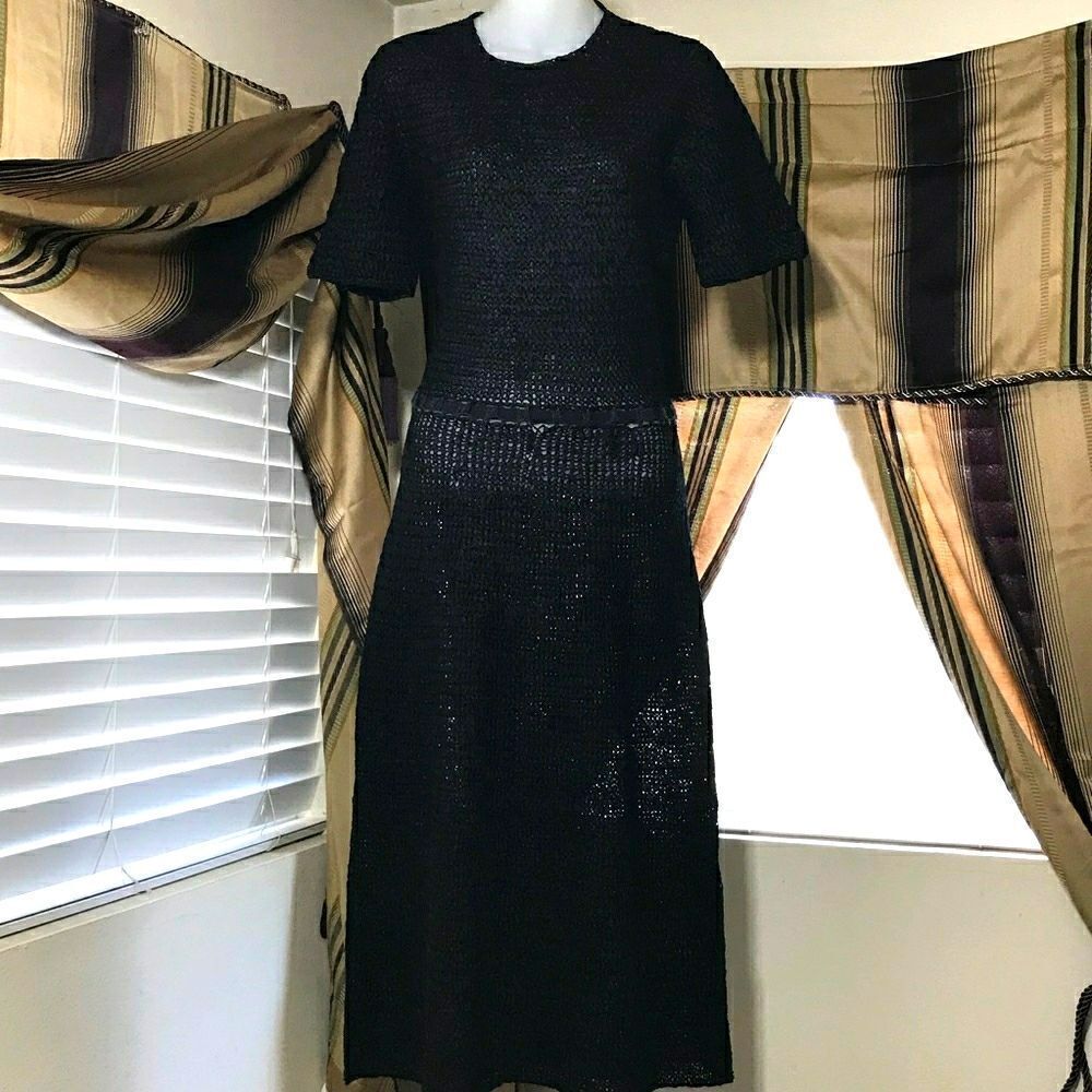 Vintage 1950s Black Silk Ribbon Hand Knit Dress